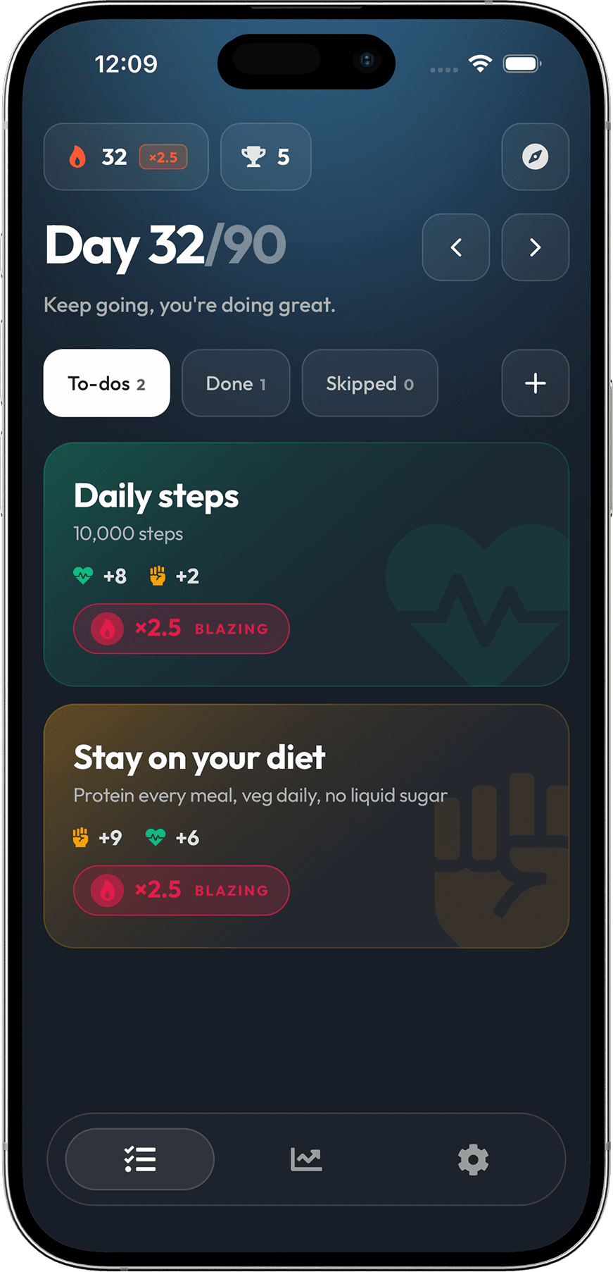 GoalScript Today screen on iPhone — Day 32 of 90 with the day's tasks and streak